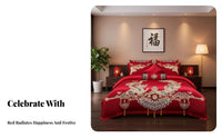 4 Pieces Festive Red Color Embroidered serpent and firebird Bed Linen Traditional Wedding the couplee Bedding Set Auspicious Design Bedroom Linens plush texture for Newlyweds, Gift Givers, Families, Bridal Room