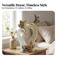 Textured Feathers Intertwined Peacock Statue Ornate Double Peacock Figurine Floral Base for Living Room Cabinet, TV Stand