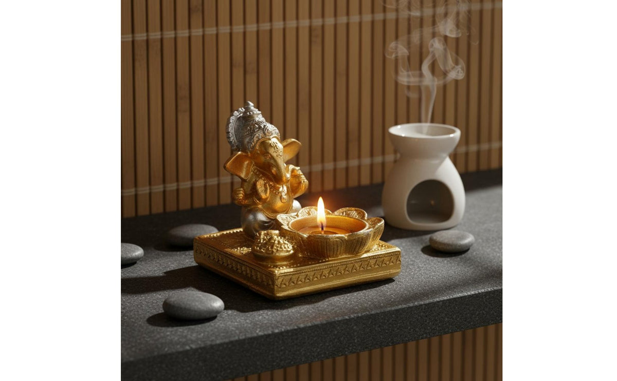 Resin Craft Thai Ganesha Tealight Holder Spiritual Gift Ganesha Candle Holder Zen Decor Religious Figurine Gold Finish for Altar