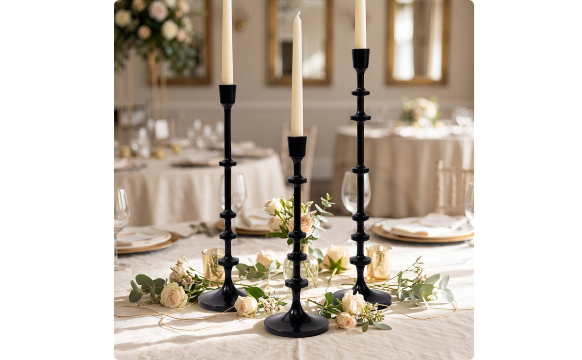 3 Pieces Taper Candle Holder with Round Base Black Taper Candle Holder Turned Decor for Brides