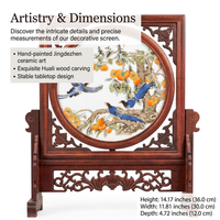 Rosewood Carved Desktop Screen Ornament, Vintage Style Porcelain Panel Table Divider for Desk, Chinese Floral Bird Painting Decor