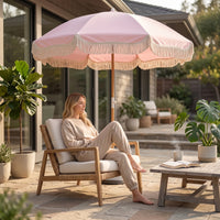 Freestanding Umbrella with Fringed Canopy Outdoor Patio Umbrella Vintage-Inspired Fringe Sunshade Tassel for Garden, Backyard, Market Stall