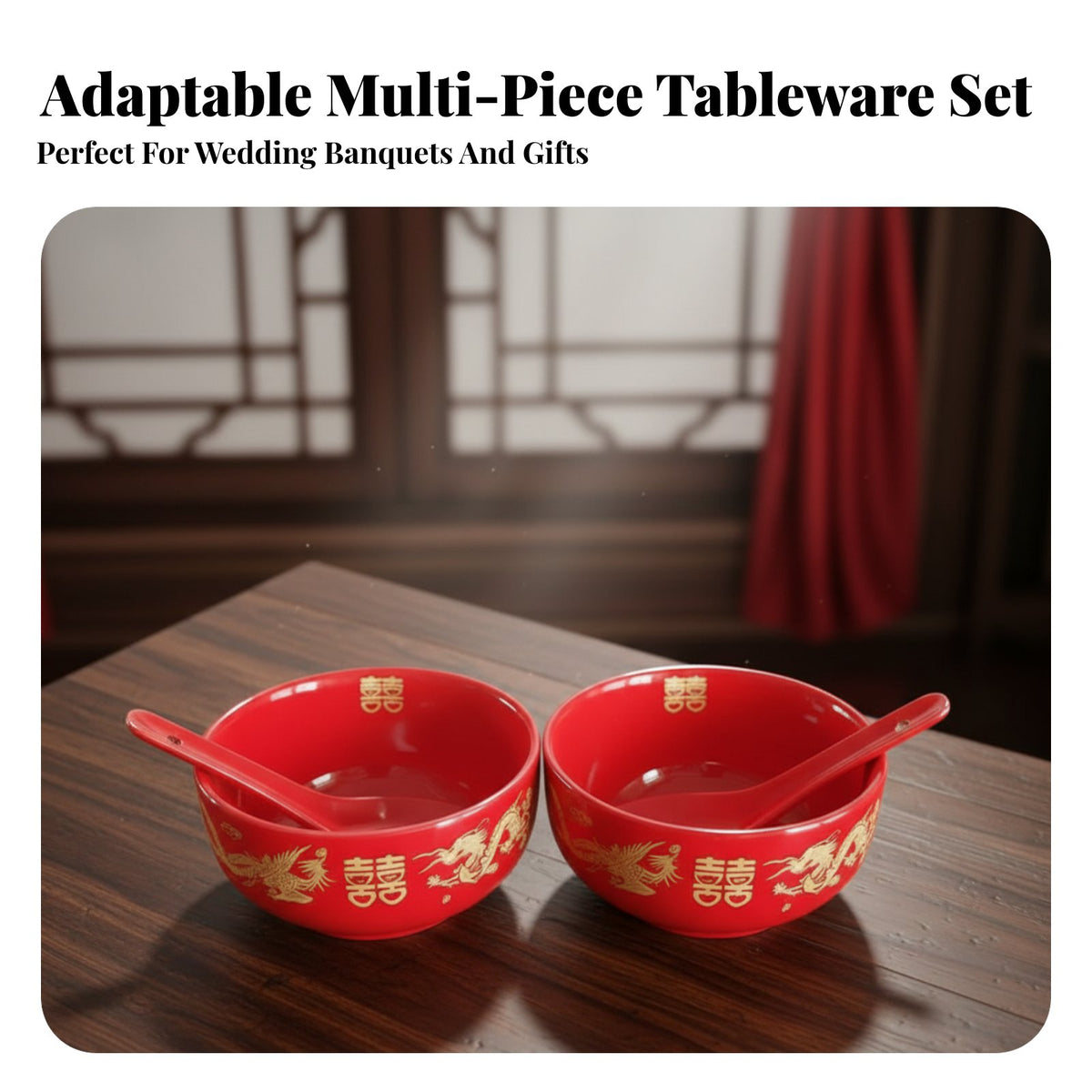 Ceramic Bowl Set, Wedding Red Phoenix & Dragon Tableware, Chinese Design, Gift Box