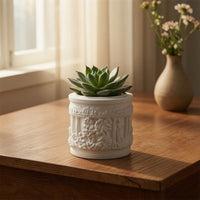 Embossed Cylindrical Flower Pot Classical Pot with Raised Design Pattern Vintage Decorative Planter Sculpted for Windowsill