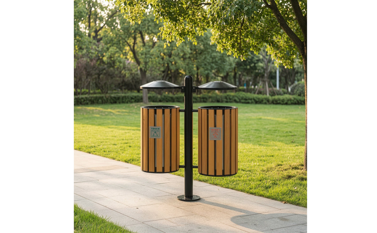 Weather-Resistant Dual Trash Bin with Post Freestanding Outdoor Waste Bin Heavy-Duty Trash Can with Lid Weatherproof for Park, Community, Street