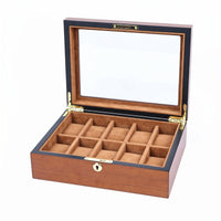 Padded Slots Wooden Watch Box Suede-Lined Glass Lid Watch Box Hinged Top Storage Front Lock