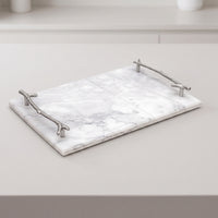 Marble Tray with Handles Stone-Look Marble Pattern Tray Rectangular for Washroom, Dresser
