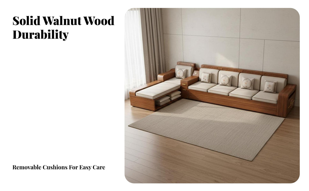 Storage Sofa Combination Double Use Winter Summer Solid Wood Sofa Set Sturdy Construction Walnut Wood Couch Set for Apartment Dwellers, Families
