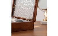 Wooden Jewelry Box Sturdy Wood Construction Glass Lid Jewelry Organizer Finger Adornment and Earring Storage Box Soft Textile