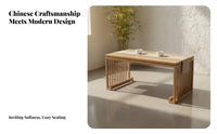 Linen Textile Upholstery Teahouse Table and Chair Combination Rounded Corners Chinese Design Wooden Booth Set Ergonomic Design Modern Solid Wood Lounge Furniture for Restaurant Owners, Hotel Managers, Interior Designers, Homestay, Reception Area