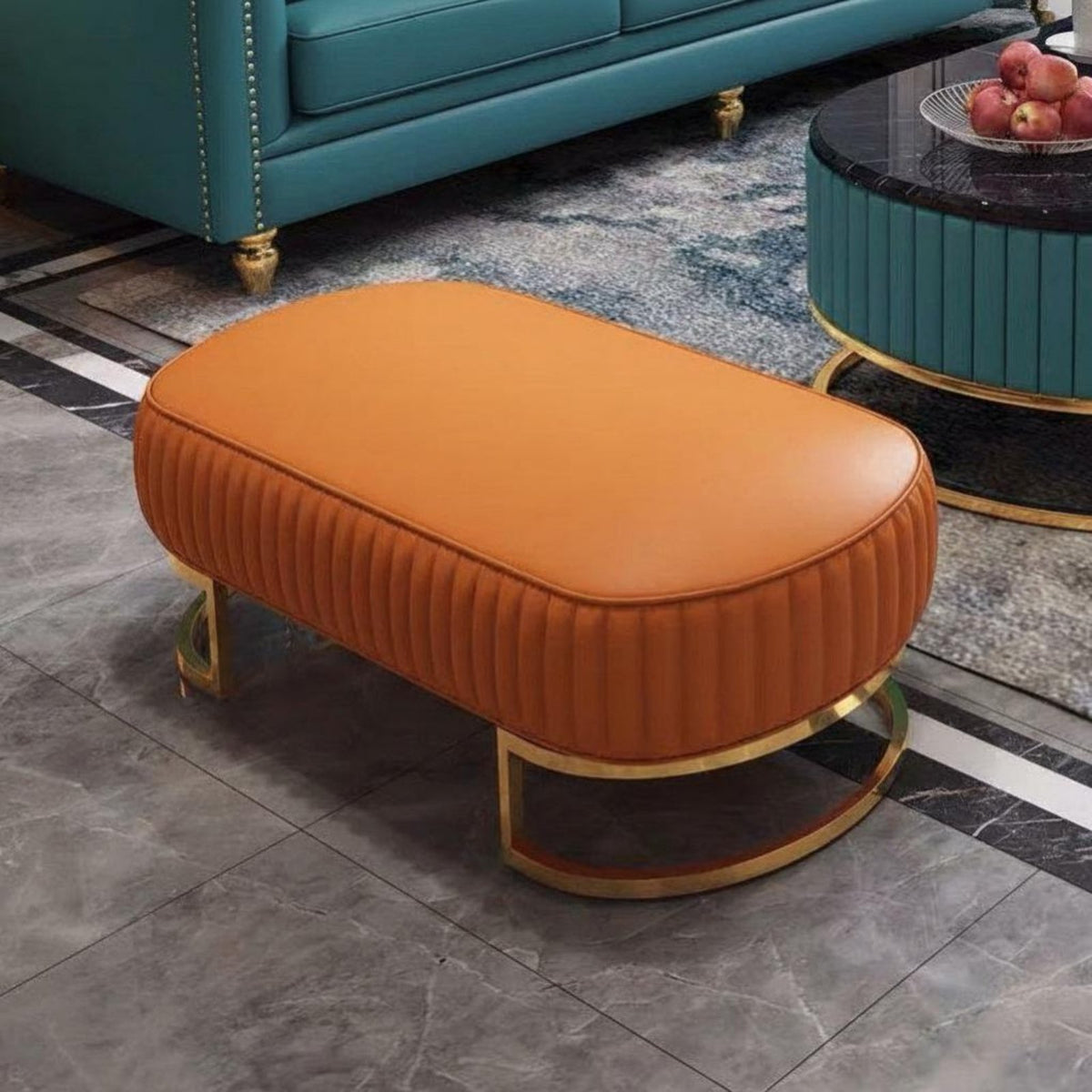Light Luxury Design Padded Long Bench Multi-Purpose Use Oval Ottoman with Metal Base Elegant Design Footstool Sturdy Frame for Guests, Homeowners, Interior Designers, Living Room, Bedroom, Entryway, Lounge Area