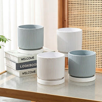 Plant Pots for House Plants and Indoor Plants, Modern Ribbed Ceramic Pot with Saucer, Minimalist Indoor Plant Pot with Drainage Hole, Bonsai Pot