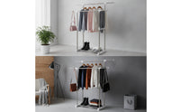 Freestanding Double Rod Clothes Rack Adjustable Garment Rack with Shelf Space-Saving Furniture Rolling for Laundry Room, Bedroom, Balcony, Apartment