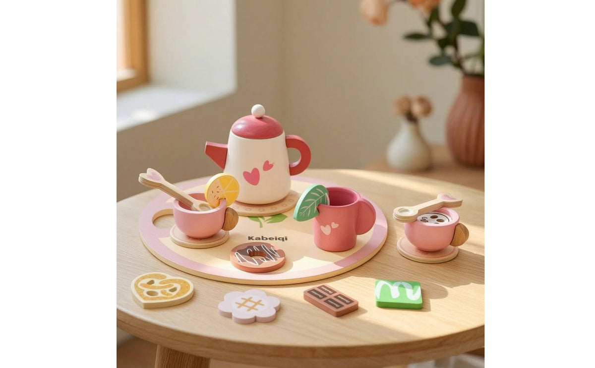 Natural Wood Wooden Tea Set Educational Toy Tea Set with Tray for Toddlers, Kids, Playroom, Nursery