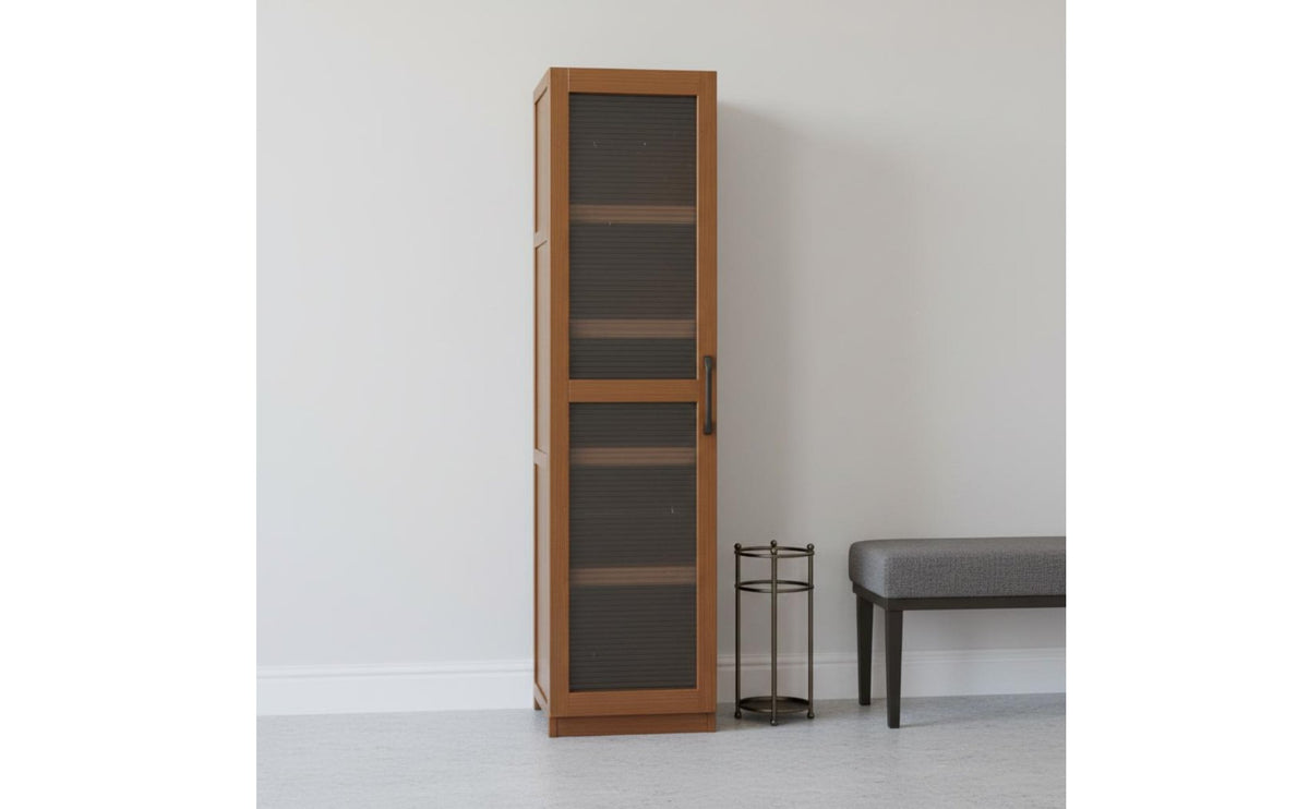 Space-Saving Tall Narrow Bookshelf with Door Enclosed Back Panel Reeded Glass Door Bookcase High Load Capacity Home Furniture Minimalist Design for Living Room, Bedroom