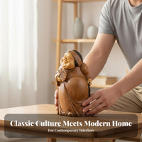 Chinese Landlady Figurine Good Auspicious Figurine Traditional Chinese Table Ornament Faux Wood Carving Statue for Business Owners, Living Room