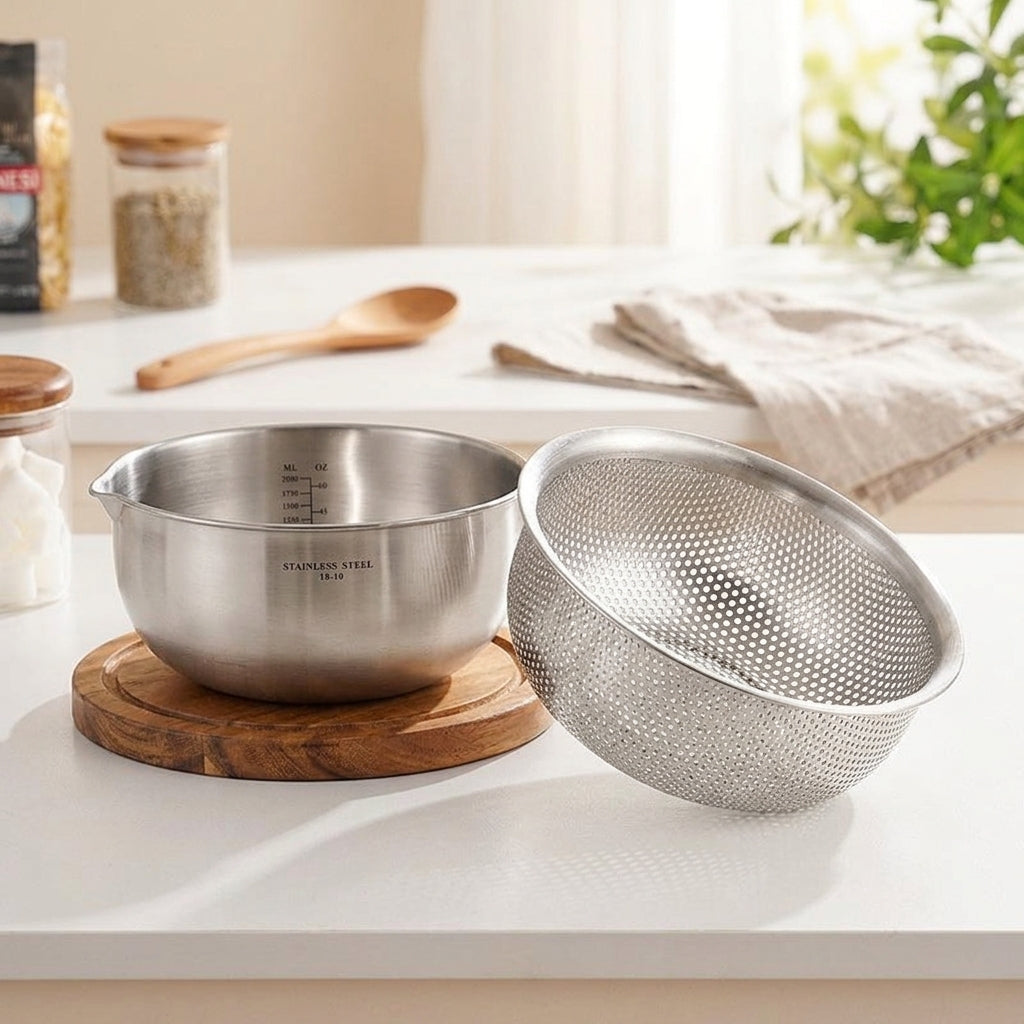Stainless Steel Colander and Mixing Bowl Set, 2 Pack Thickened 304 18-10 Round Draining Basket and Washing Bowl, Rice Washer Vegetable Strainer