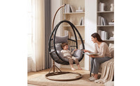 Hanging Basket Chair with Stand Freestanding Rattan Swing Chair with Stand Cushioned Furniture for Balcony, Living Room, Reading Corner