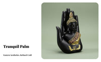 New Chinese Design Palm Buddha Ornament Gold Accents Hand Holding Buddha Sculpture Spiritual Decor for Meditation Enthusiasts, Desktop