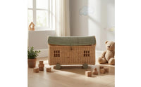 House Basket with Wheels Handwoven Rattan Storage Wagon Wheeled Rolling Storage Basket for Young Children, Parents, Playroom, Nursery, Photo Setting