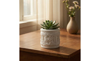 Embossed Cylindrical Flower Pot Classical Pot with Raised Design Pattern Vintage Decorative Planter Sculpted for Windowsill