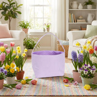 Purple Seersucker Easter Basket Lightweight Egg Hunt Bag with Handle and Gingham Lining Portable Gift Hamper Tote for Kids Holiday Celebrations