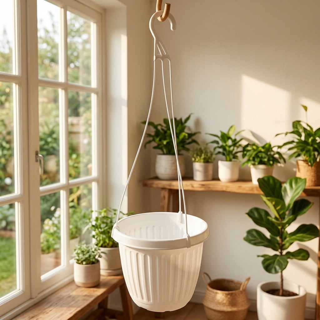 Plant Pots and Ribbed Hanging Basket for Flower Pots, Resin Material for Outdoor Plants, Water Saving Hanging Plant, 9cm Base Diameter Design