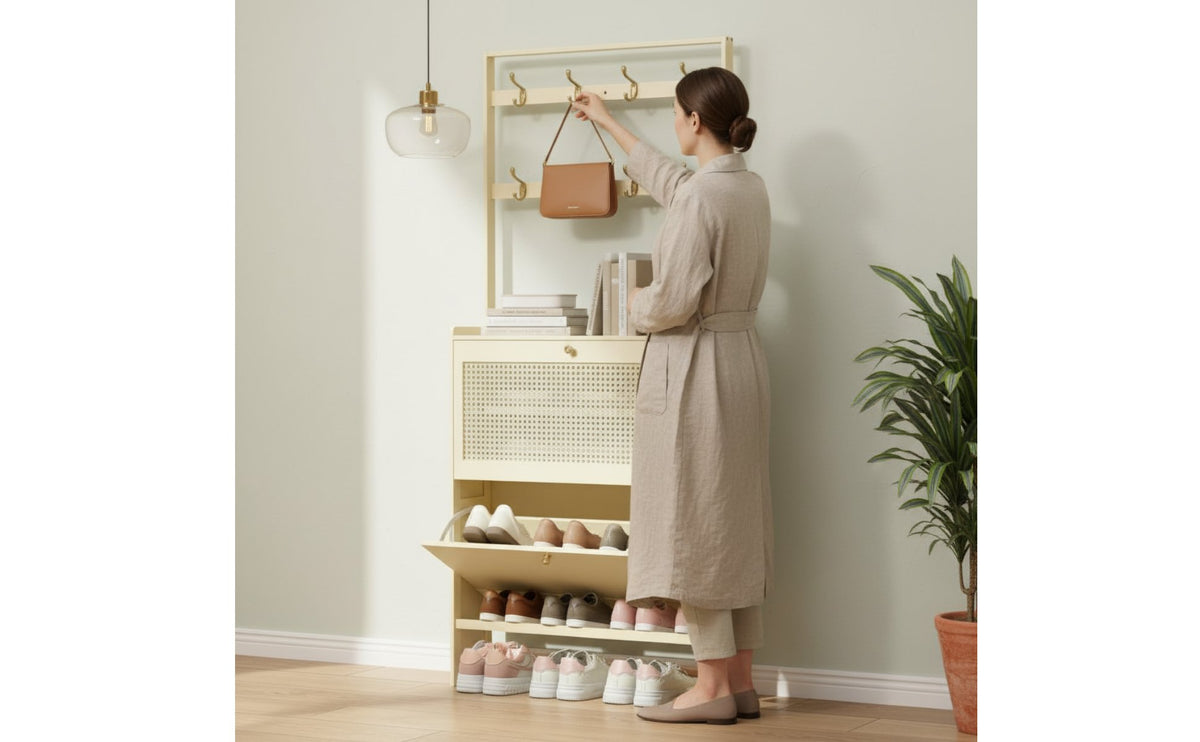 Space-Saving Freestanding Entryway Rack Large Capacity Tip-out Shoe Cabinet Modern Design Slim Shoe Cabinet Coat Rack Breathable Design for Renters, Hallway