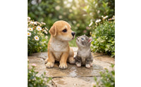 2 Pieces Puppy and Kitten Statue Outdoor Resin Garden Ornament Dog Statue Weatherproof Dog Figurine Hand-Painted for Pet Lovers