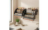Hydraulic Damping Pull down Seasoning Rack Beech Wood Front Strip 3-Tier Seasoning Organizer Curved Metal Frame Pull down Cabinet Organizer Easy Reach