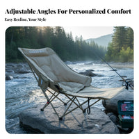 Sturdy Duty Highrear Moon Chair Integrated beverage Holder Adjustable Highrear Camp Recliner Padded Headrest Folding Lounger Oversized Wide Seat for Beachgoers, Outdoor aficionados, Camping, Fishing, Picnics, rearyard