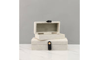 2 Pieces Decorative Storage Box with Strap Closure Hard-Sided Textile Storage Box with Lid Neutral Closet Organizer Container for Vanity