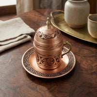 Handmade Copper Coffee Cup Set Engraved Turkish Coffee Cup Floral Pattern Drinkware Saucer