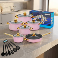 Induction Hob Stainless Steel Pan Set for Family Cooking, 12-Piece Pots and Pans Set with Gold Handles, Durable Stainless Steel Pot, Milk Pan