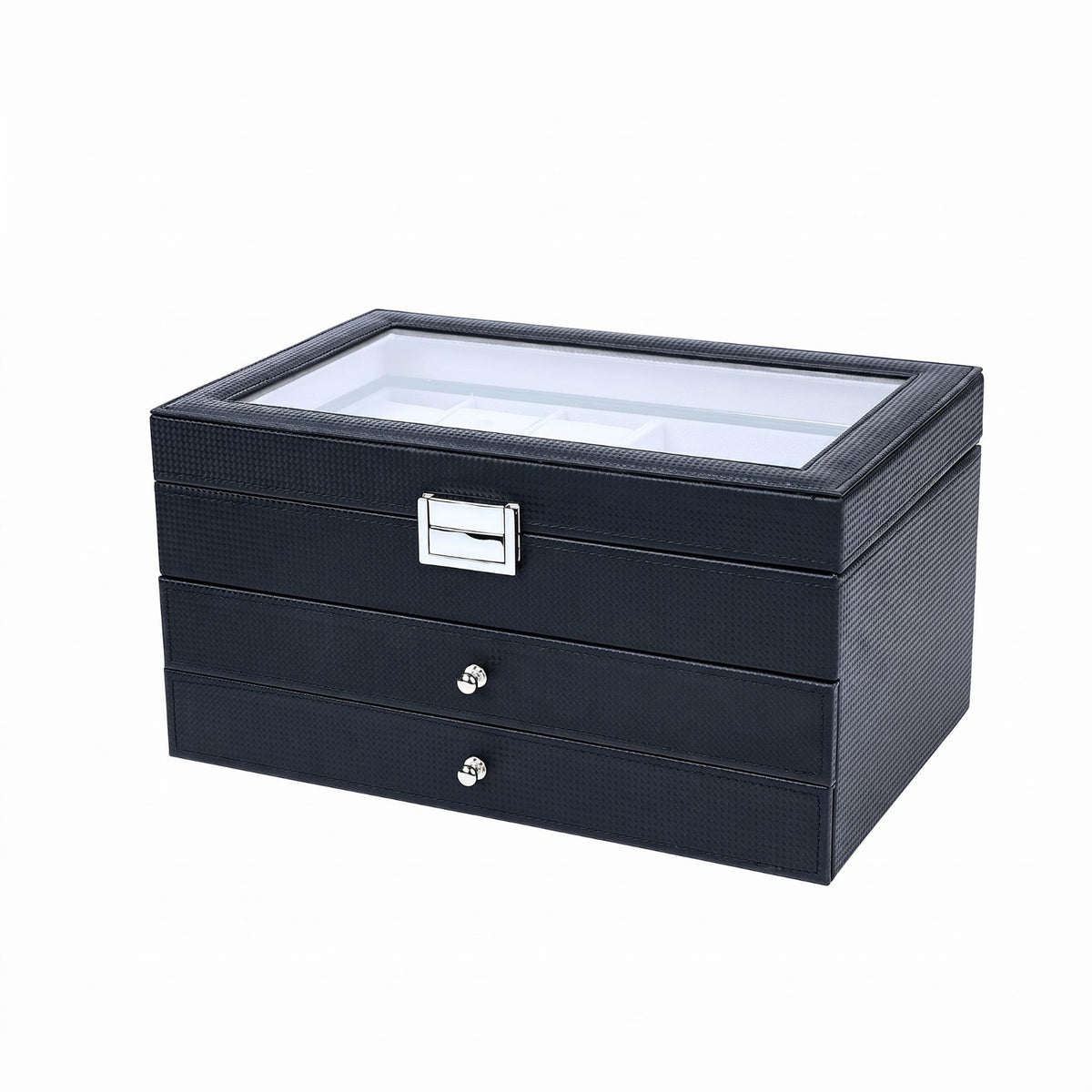 Glass Lid Watch Storage Box Drawer Tiers Watch Organizer Box Woven Texture Metal Latch