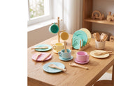 Wooden Play Dishes Set Pastel Pretend Play Tableware Toy Dishes with Stand, for Kids