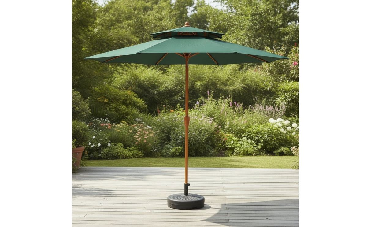 Patio Umbrella with Base with Lumber-Grain Look-Grain Crank Patio Umbrella Double-Tier for Backyard, Poolside