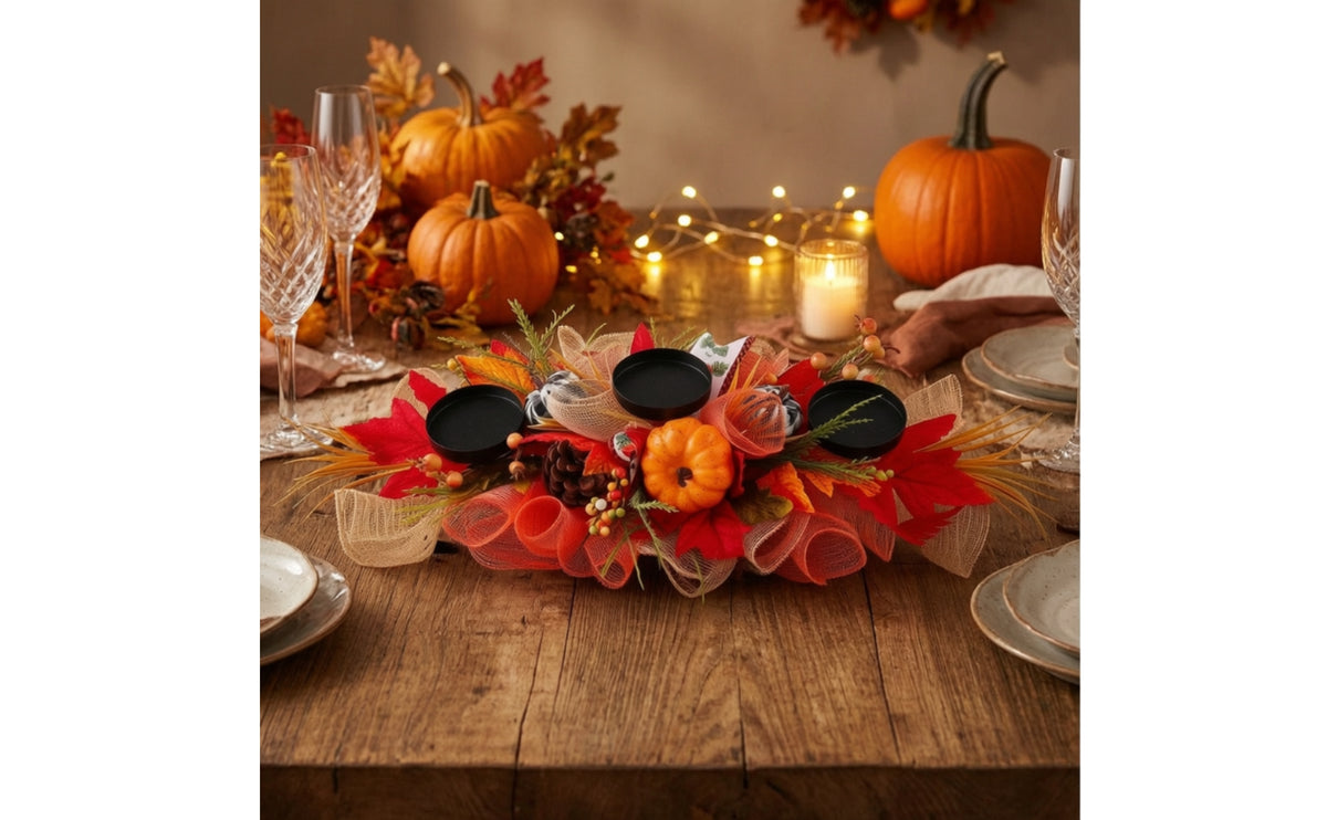 Fall-Themed Floral Candle Holder Centerpiece with Three Cups Stretched Centerpiece with Three Candle Cups Seasonal Decorations Full for Mantel