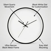 Wall Clock for Living Room, 12 Inch Metal Frame Narrow Design Movement Operated Hanging for Home Office
