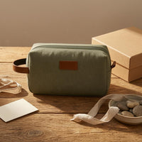 Leather Trim Canvas Toiletry Bag Zippered Waterproof Toiletry Bag Woven Texture