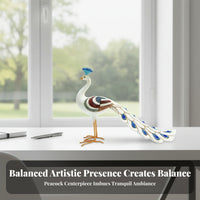 Layered Feathers Peacock Figurine Fan Tail Decorative Peacock Statue White Body Orange Legs for Tabletop Display