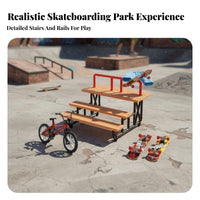 Alloy Trucks Finger Bike and Skateboard Playset Wood Grain Finish Mini Skatepark Kit Grip Tape Deck for Teenagers, Hobbyists, Tabletop, Desk