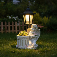 Angel Statue with Solar Lantern Outdoor Garden Figurine Planter Decorative Garden Statue with Lantern for Homeowners, Yard, Patio