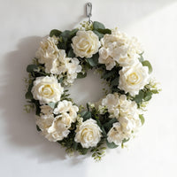 Rose Wreath with Hydrangeas Indoor Flower Wreath with Hanging Loop Faux Fake for Homeowners, Entrance Door, Entryway