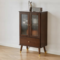 Display Cabinet with Drawer Walnut-Toned Glass-Front Freestanding Cabinet with Glass Doors for Living Room, Apartment