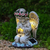 Praying Angel Statue with Solar Lights Lighted Solar Angel Statue Kneeling Ornament Stone-Like for Lawn, Patio, Flower Bed