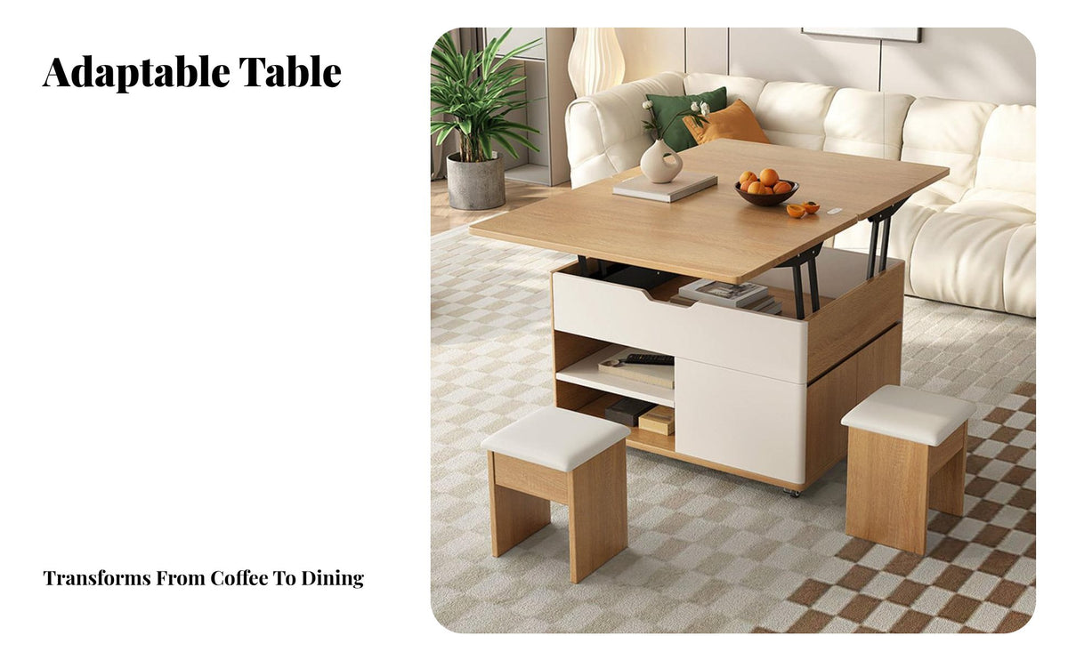 Multi-Functional Lift-Top Coffee Table with Hidden Stools Space-Saving Lift-Top Coffee Table with Nesting Stools Adjustable Height Living Room Furniture Built-in Storage for Apartment Dwellers, Families, Telecommuting Workers, Small Areas, Dining