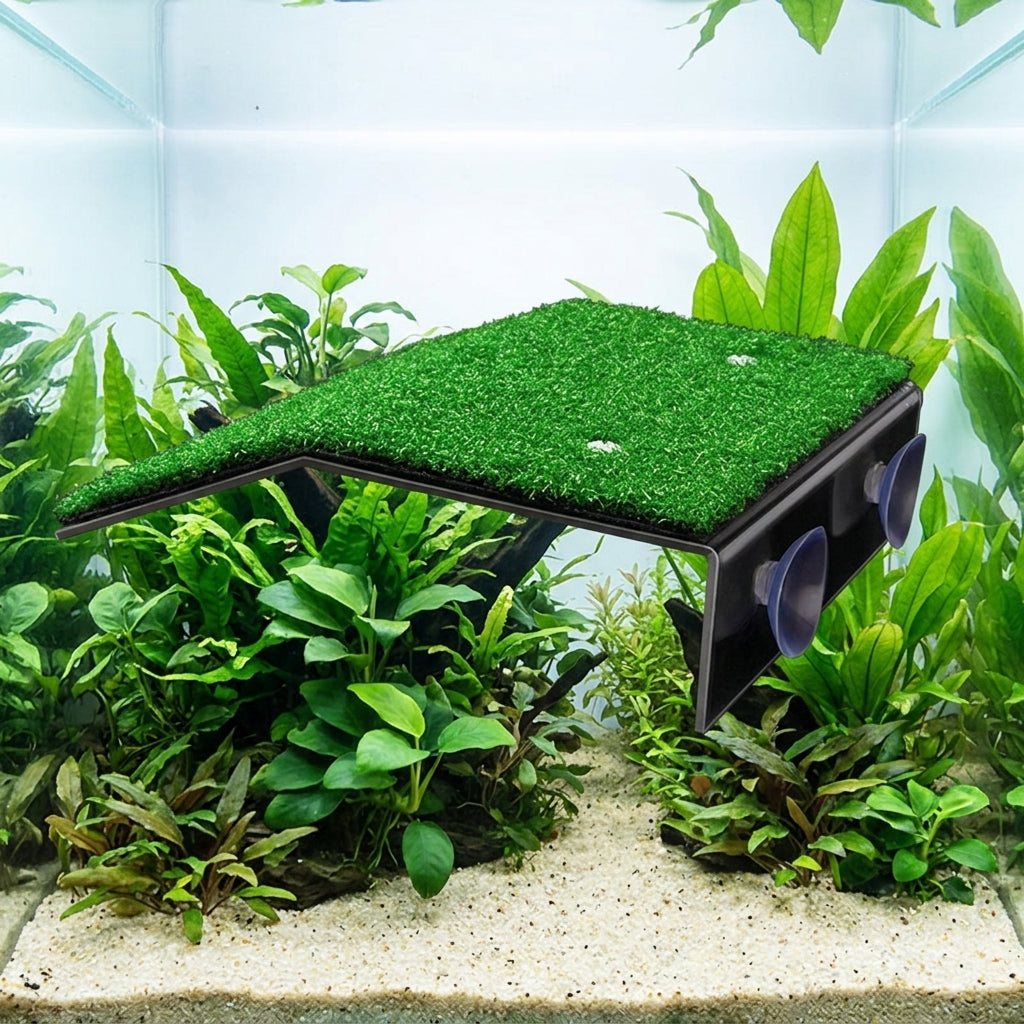 Large Artificial Grass Basking Dock, Turtle Basking Dock for Small Reptiles, Suction Cup Turtle Basking Area for Aquarium and Frog Aquarium
