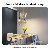 3 Pieces Nordic Design 3-Light Cluster Hanging Light Adjustable Height Glass Shade Chandelier Brass Finish for Homeowners, Cafe, Entryway