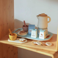 Wooden Coffee Toy Set Pastel Pretend Coffee Set Printed Labels Kids Tea Service